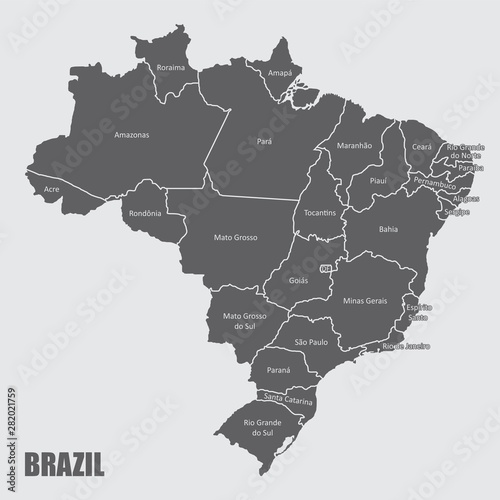The Brazil map divided into regions with labels
