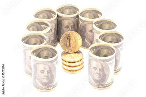 Golden Bitcoin on US dollars banknote background, Exchange Digital currency concept/clipping paths photo