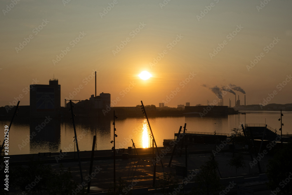 View of the shore at sunrise from Allborg water front west side