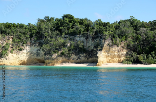 Coastline with cliffs covered by green trees and blue water on the foreground