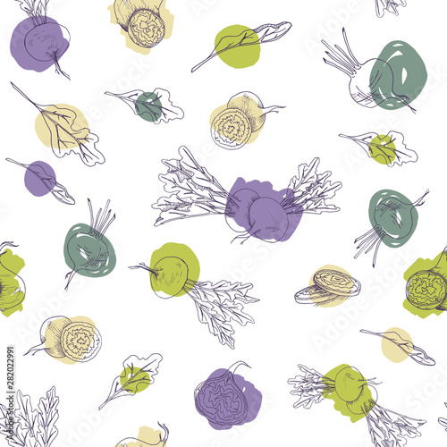 Vector seamless pattern with beet root food and vegetables on a white background with colorful brush strokes