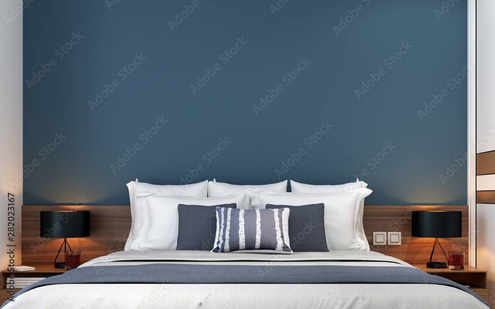The interior design of modern bedroom and blue wall texture background  Stock Photo | Adobe Stock
