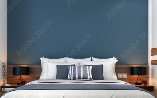 The interior design of modern bedroom and blue wall texture background photo
