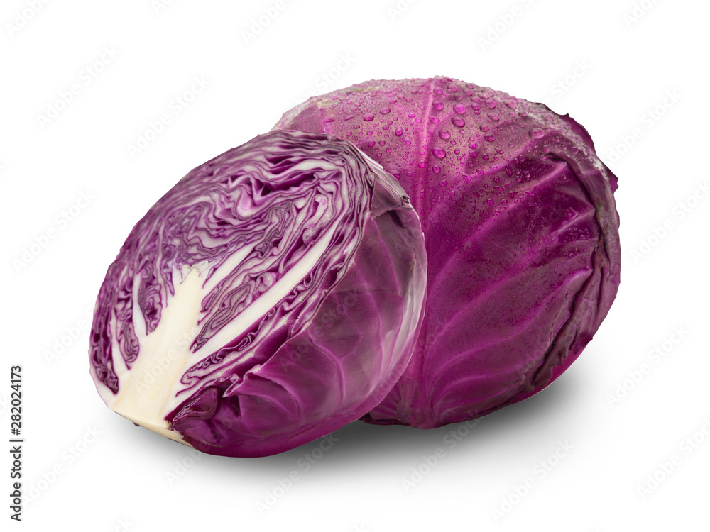 Whole red cabbage and half isolated on white background with clipping path. Whole red cabbage and half isolated on white background with clipping path.