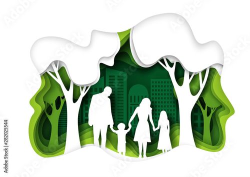 Family walking in eco green city park, vector paper cut illustration