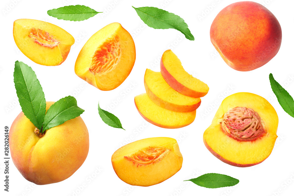 peach fruit with green leaf and slices isolated on white background. top view peach fruit with green leaf and slices isolated on white background. top view