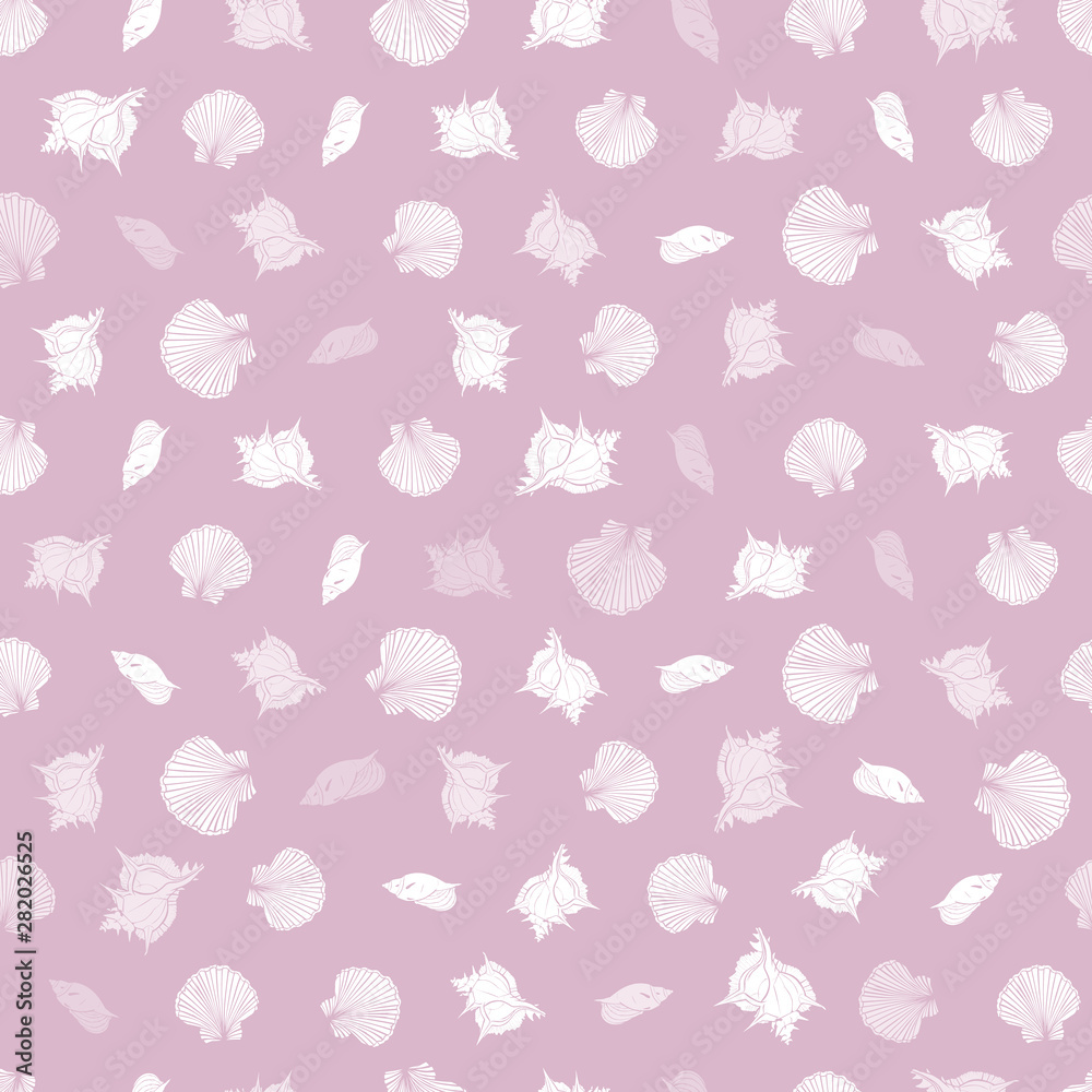 Vector pink and white repeat pattern with seashells. Romantic theme. Suitable for gift wrap, textile and wallpaper.