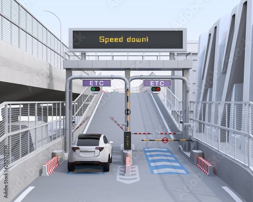 White SUV passing through toll gate without stop by ETC (Electronic Toll Collection System). 3D rendering image. photo