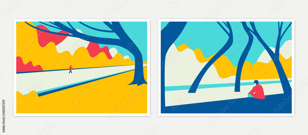 Minimalist landscape poster design, lonely man in park, blue and yellow  tones Stock Vector | Adobe Stock