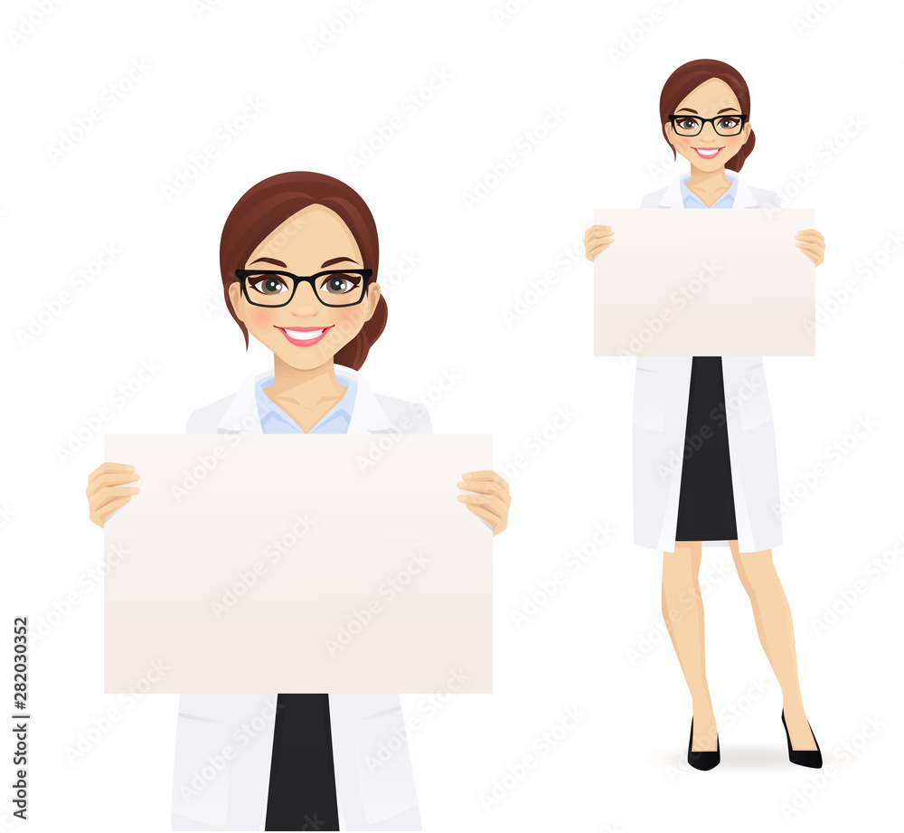 Smiling doctor woman holding empty blank board isolated vector illustration Smiling doctor woman holding empty blank board isolated vector illustration