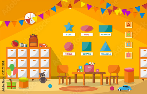 Kindergarten Classroom Interior Children Kids School Toys Furniture Vector Illustration