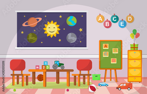 Kindergarten Classroom Interior Children Kids School Toys Furniture Vector Illustration