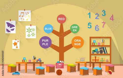Kindergarten Classroom Interior Children Kids School Toys Furniture Vector Illustration