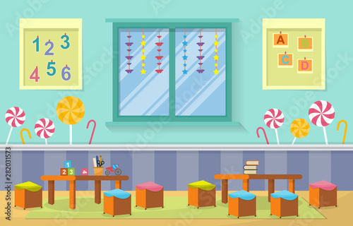 Kindergarten Classroom Interior Children Kids School Toys Furniture Vector Illustration