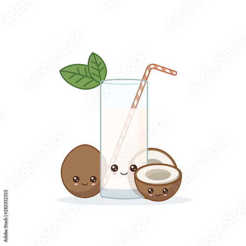 Cute kawai smiling cartoon coconut juice. Vector