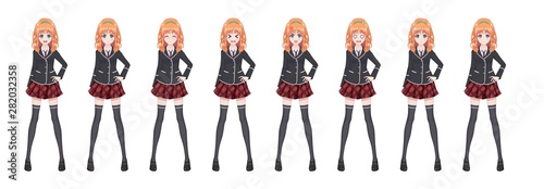 Anime manga student girl in blazer and red skirt