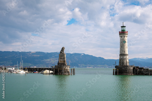 New lighthouse in Lindau with the bavarian lion at lake Constance, entry of harbor