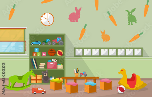 Kindergarten Classroom Interior Children Kids School Toys Furniture Vector Illustration