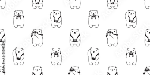 Bear seamless pattern vector polar bear camera scarf isolated repeat wallpaper tile background cartoon doodle illustration white design
