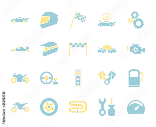 Flat color design icon set of racing video game and esport concept.