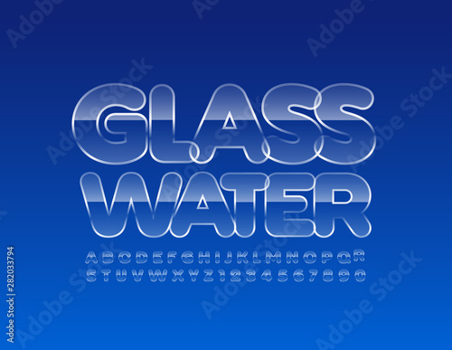 Vector Iced Sign Glass Water with 3D Font. Artistic Alphabet Letters, Numbers and Symbols