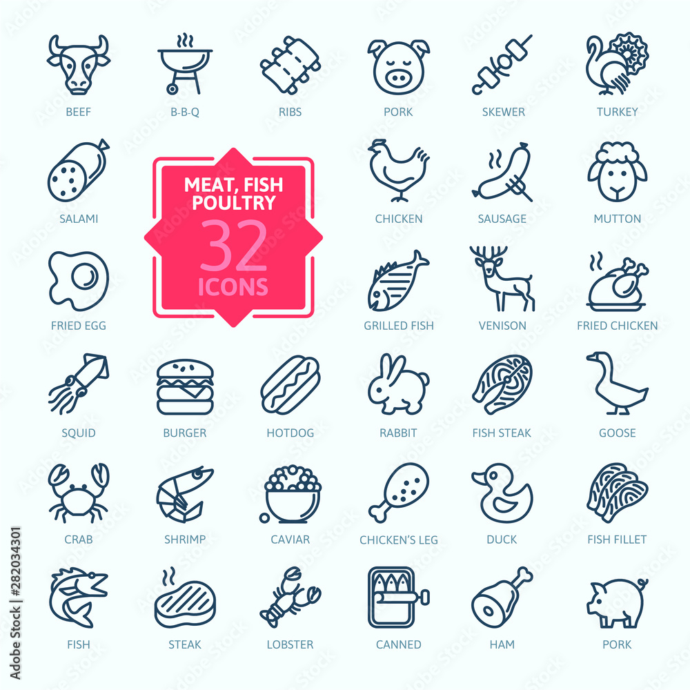 Meat, poultry, fish and eggs minimal thin line web icon set. Outline