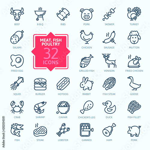 Meat, poultry, fish and eggs - minimal thin line web icon set. Outline icons collection. Simple vector illustration.