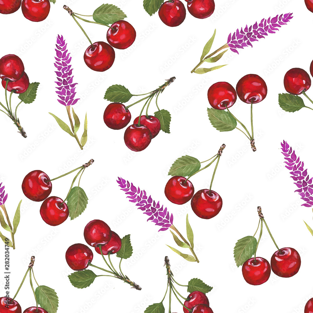 Watercolor summer drawn print. Fabric design, textile pattern. Wrapping paper, gift wrapping. Red cherries, watercolor, cherry branch. Square Pattern. Watercolor summer drawn print. Fabric design, textile pattern. Wrapping paper, gift wrapping. Red cherries, watercolor, cherry branch. Square Pattern.