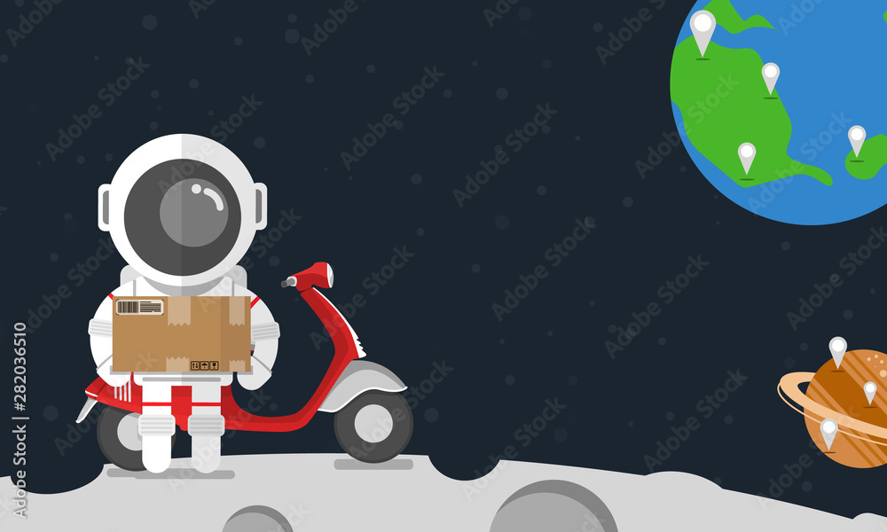 Naklejka premium Flat design, Astronaut carry delivery box standing on the moon with red motorcycle, Vector illustration, Infographic Element