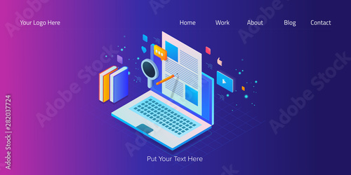 Isometric design, web banner template of content marketing, blogging, social media engagement, seo writing with text.