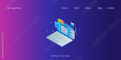 Social media, Blog writing, content publication and digital marketing, isometric design concept, internet, web banner template.