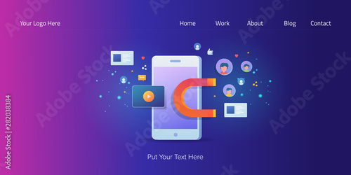 Viral social media content showing on mobile phone, inbound marketing to attract user attention, web banner vector template.