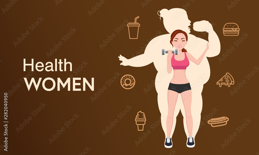 Vector woman slim fit, not fat from junk food Vector woman slim fit, not fat from junk food