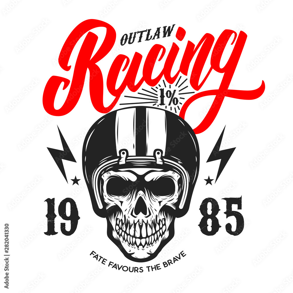 Outlaw racing. Emblem template with skull in racer helmet. Design element for poster, logo, label, sign, badge. Vector illustration