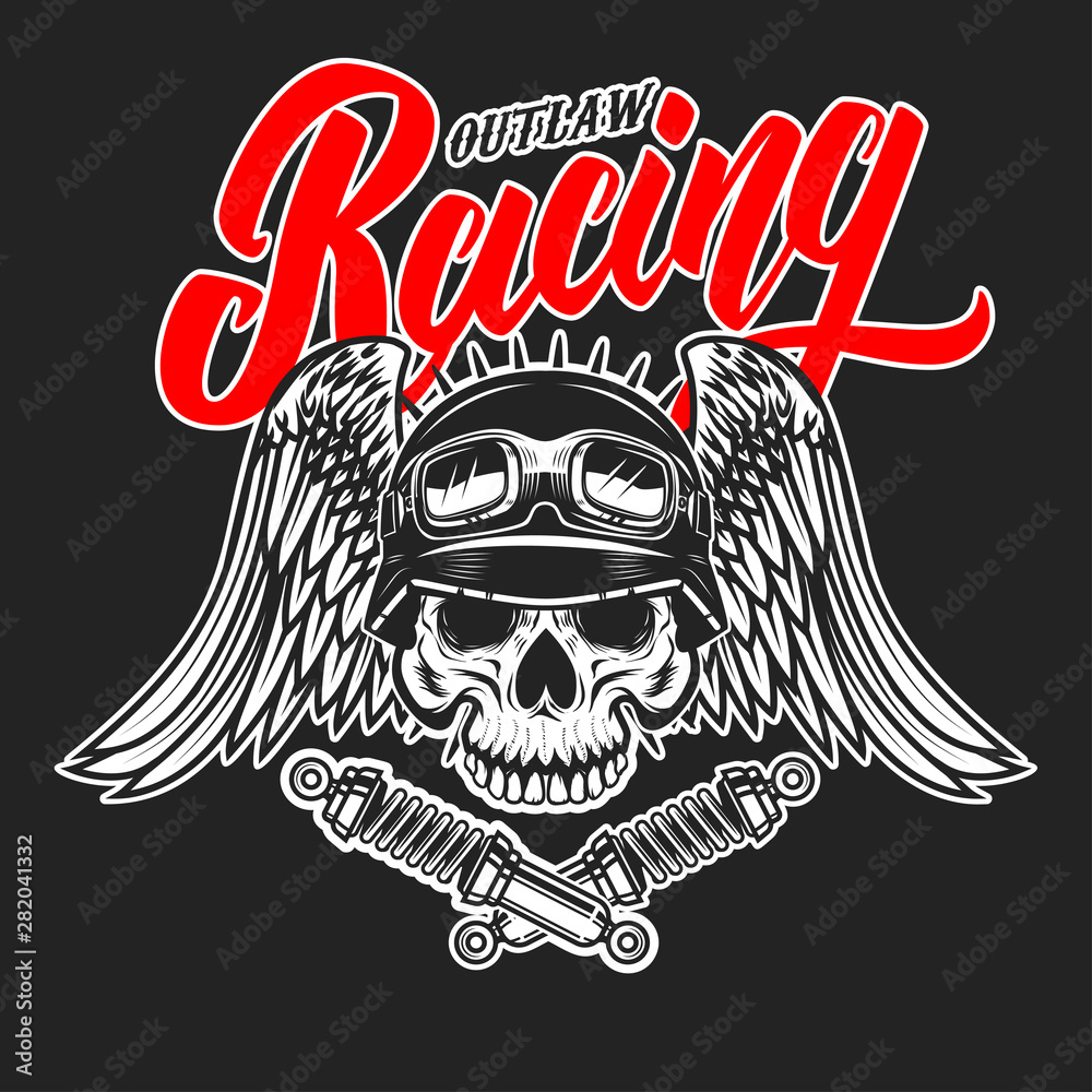 Outlaw racing. Emblem template with skull in racer helmet. Design element for poster, logo, label, sign, badge. Vector illustration