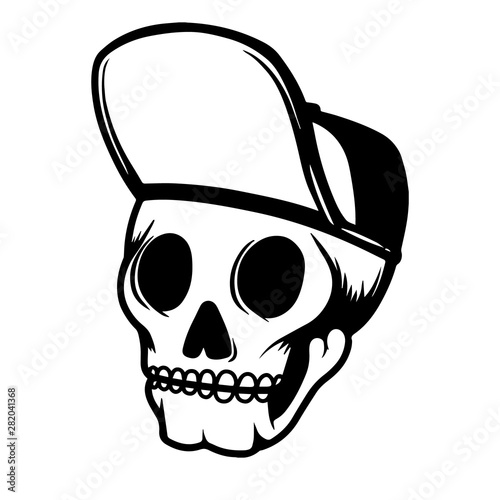 Illustration of human skull in baseball cap. Design element for poster, card, flyer, emblem, sign. Vector illustration