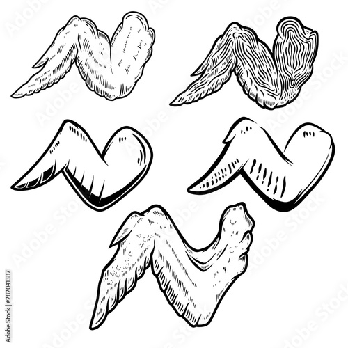 Set of illustrations of chicken wings isolated on white background. Design element for poster, card, flyer, emblem, sign. Vector illustration