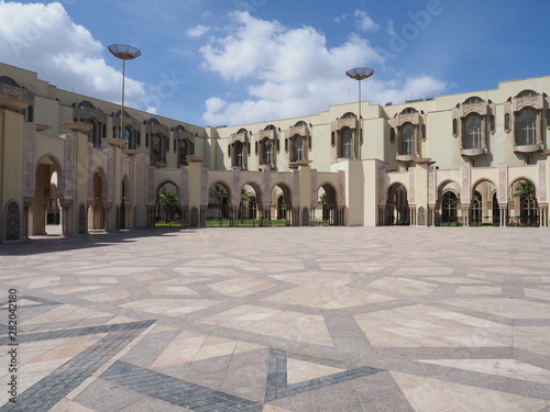 Arcade of mediatheque building of Hassan II Mosque in Casablanca city in Morocco on April photo