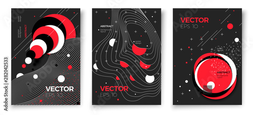 Vector new memphis style poster templates, dark modern background with geometric shapes and place for your text.