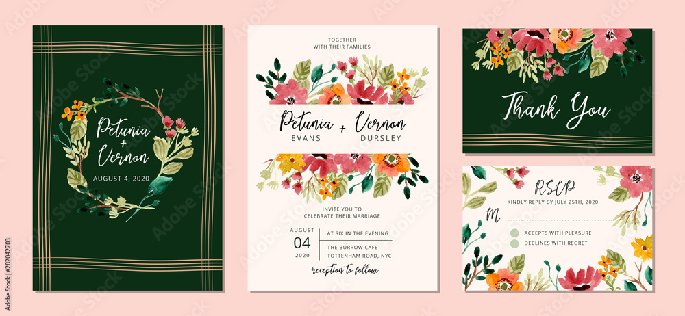 wedding invitation suite with floral garden watercolor
