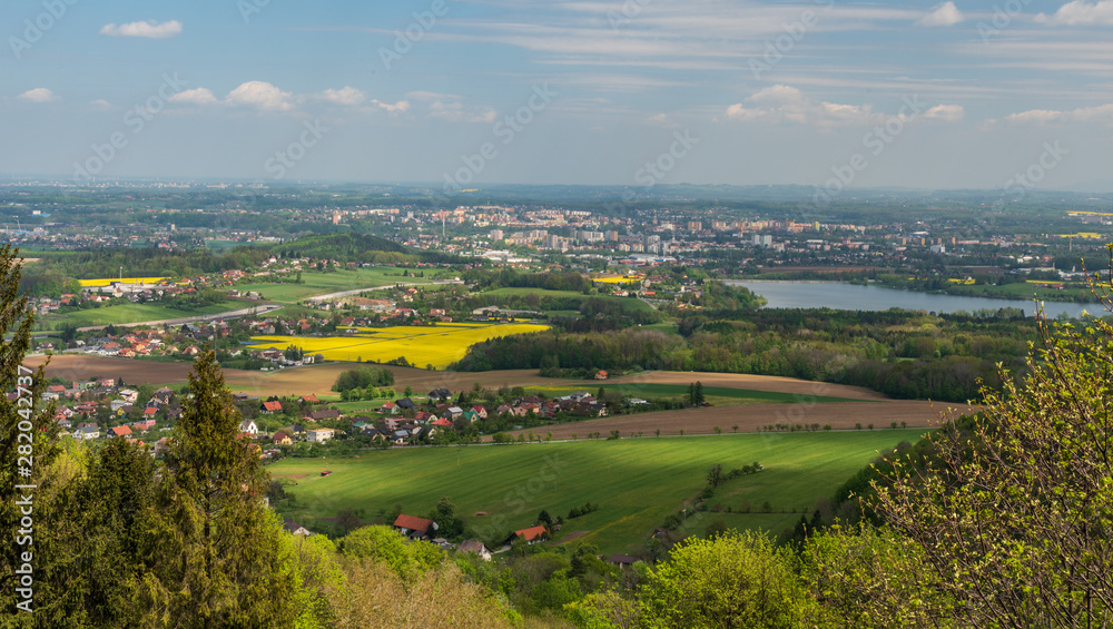 view from lookout tower on Kabatice hill near Frydek-Mistek city in Czech republic