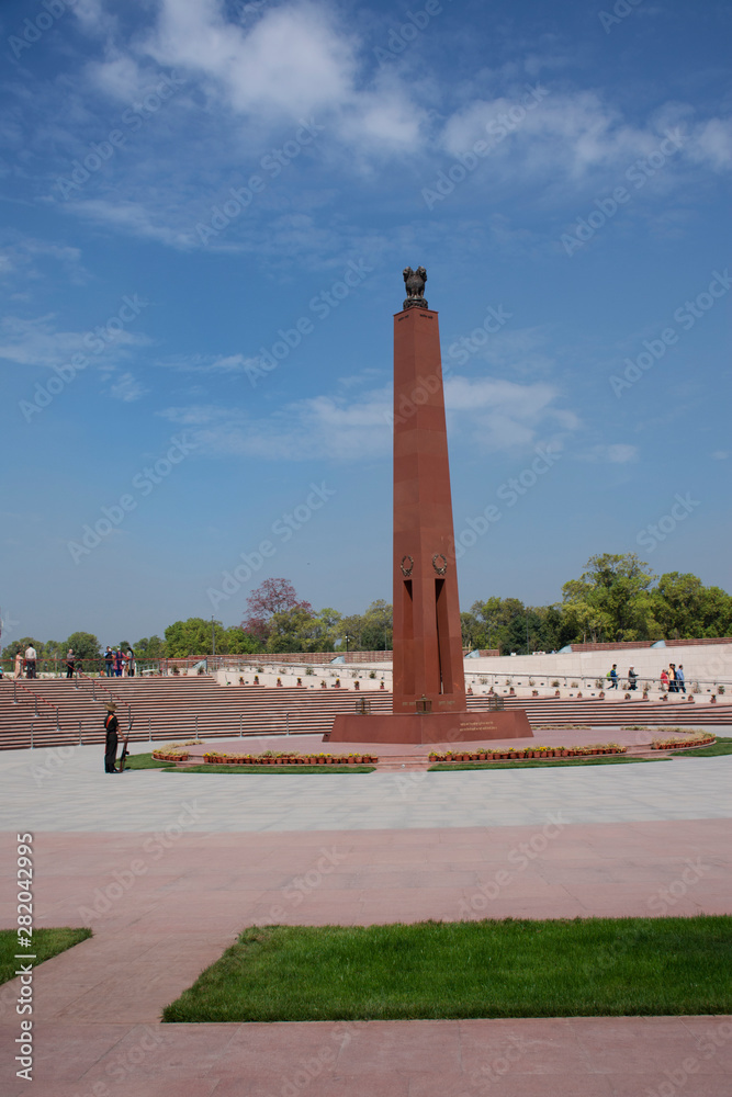 Indian people and foreigner travelers walk travel visit National War Memorial India called the Amar Chakra or Circle of Immortality in New Delhi, India