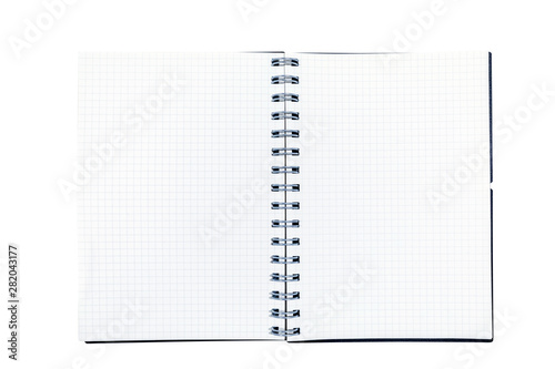 Blank open notebook with space on white background .