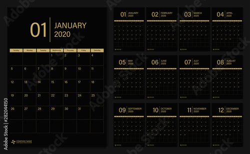 2020 calendar set week start Sunday corporate design template vector.