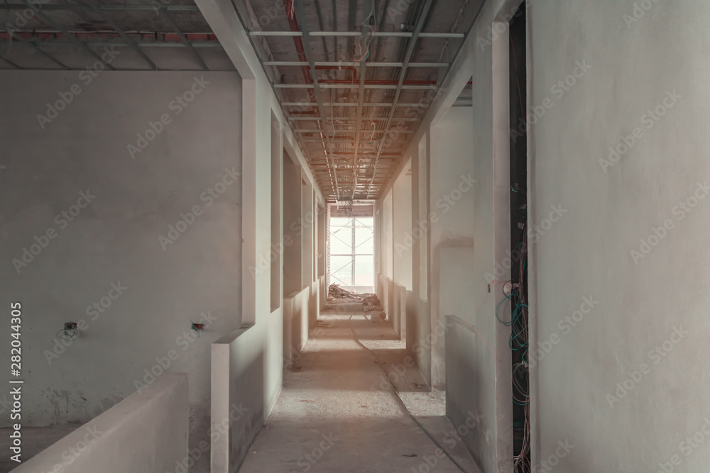walk way interior decoration in construction building site with sun light tone