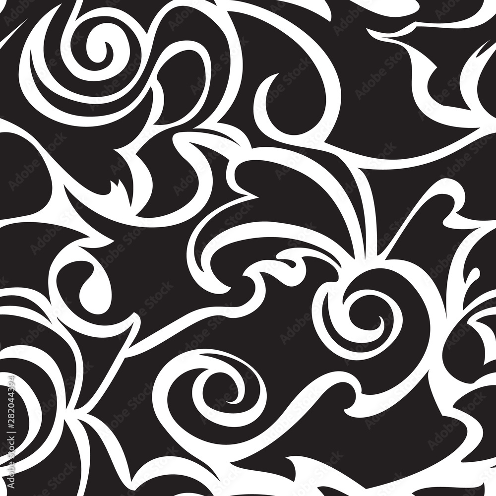 Black-white seamless pattern of spirals and curls. Decorative ornament for background. Black-white seamless pattern of spirals and curls. Decorative ornament for background.