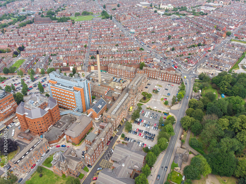 Aerial photo of the Leeds town of Harehills near the St. James s University Hospital in West Yorkshire  England  showing the Hospital grounds and the rows of houses in the town