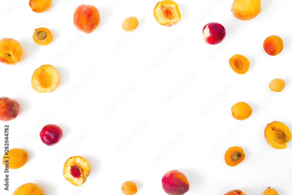 Ripe peaches with apricotes on white background. Food frame. Top view. Flat lay Ripe peaches with apricotes on white background. Food frame. Top view. Flat lay
