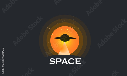 Vector illustration of flying saucer in space UFO in the dark night sky concept of World UFO Day