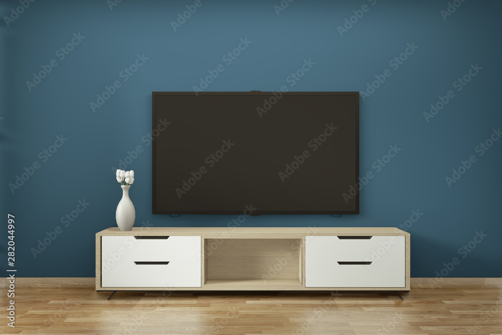 Tv cabinet in zen modern empty room janapese minimal designs, 3d rendering